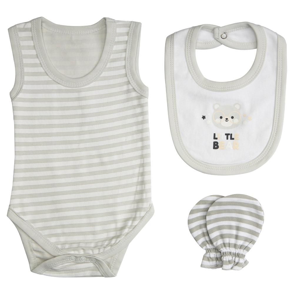 Babies Basic - 7pc Cotton Set - Bib, Romper, Mittens, Socks, Cap, Top & Pyjama - Grey