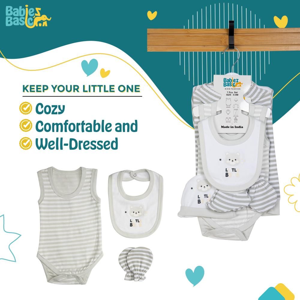 Babies Basic - 7pc Cotton Set - Bib, Romper, Mittens, Socks, Cap, Top & Pyjama - Grey