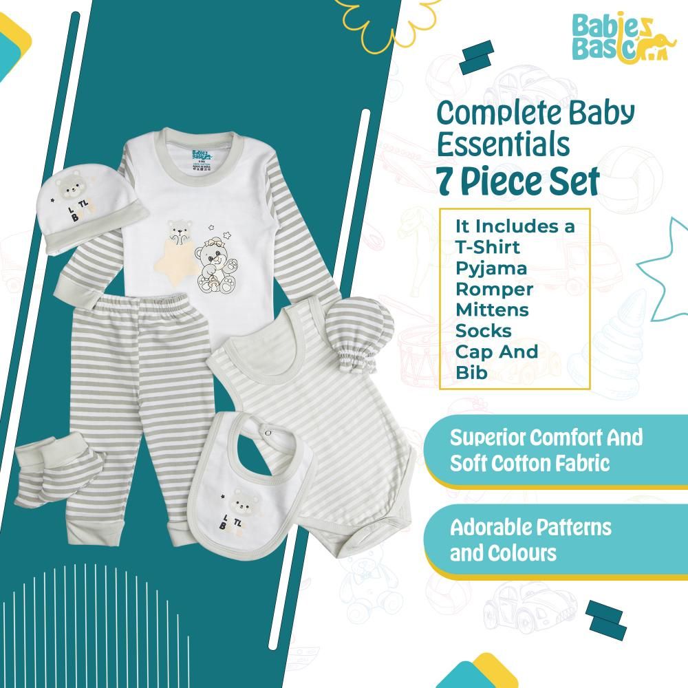 Babies Basic - 7pc Cotton Set - Bib, Romper, Mittens, Socks, Cap, Top & Pyjama - Grey