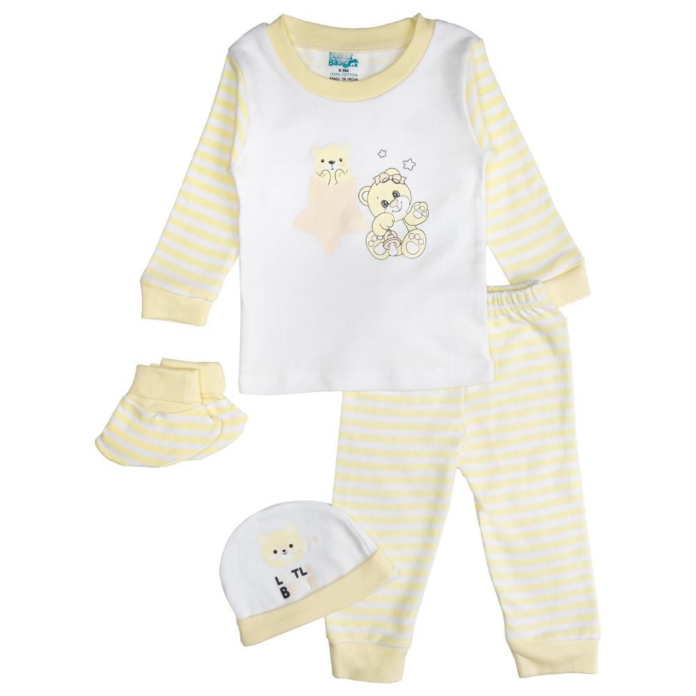 Babies Basic - 7pc Cotton Set - Bib, Romper, Mittens, Socks, Cap, Top & Pyjama - Yellow