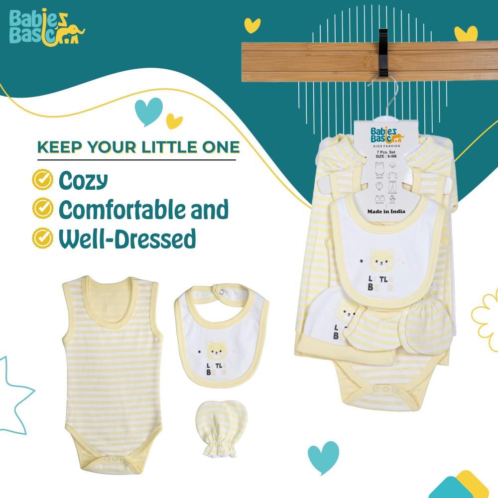 Babies Basic - 7pc Cotton Set - Bib, Romper, Mittens, Socks, Cap, Top & Pyjama - Yellow