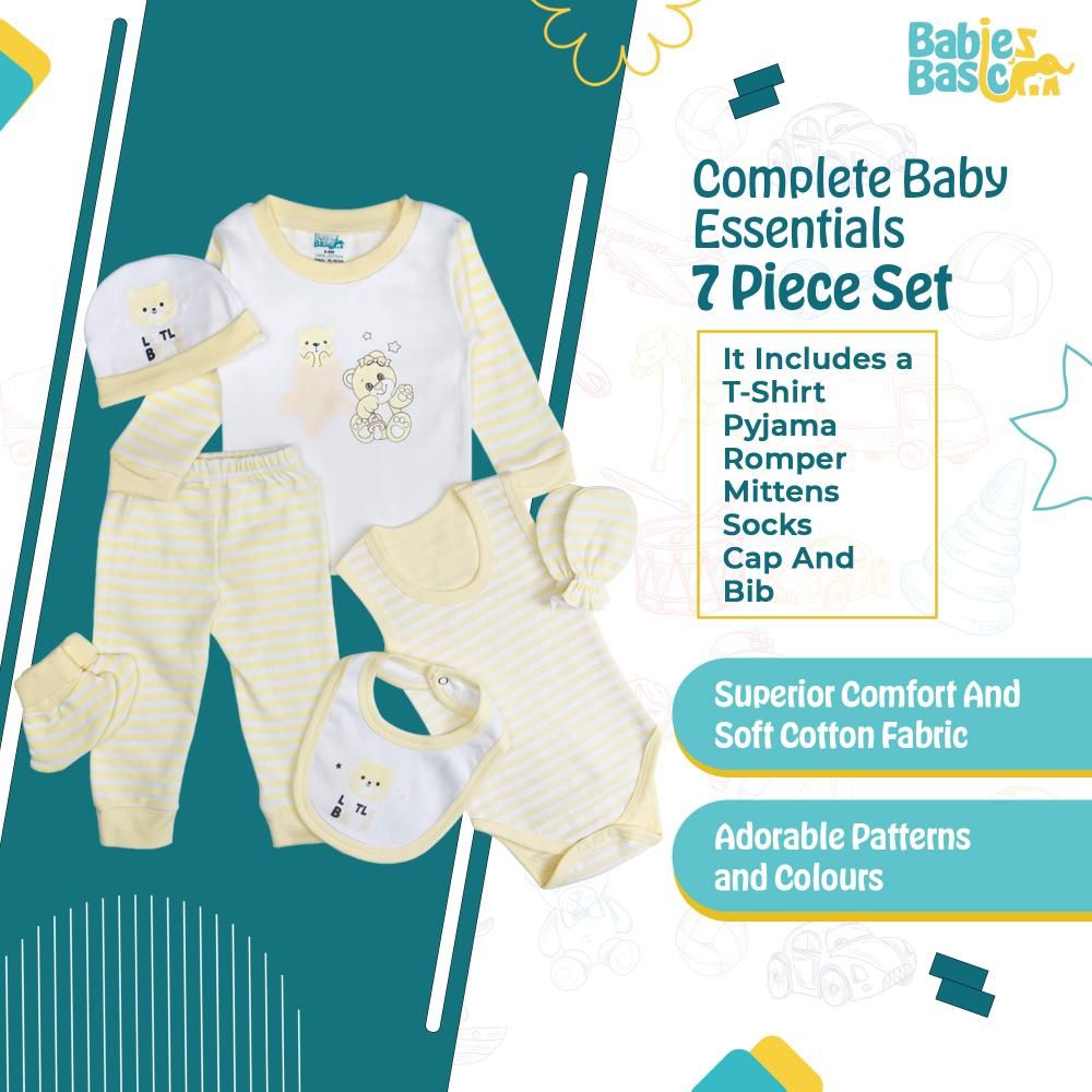 Babies Basic - 7pc Cotton Set - Bib, Romper, Mittens, Socks, Cap, Top & Pyjama - Yellow