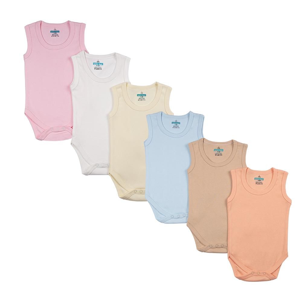 Babies Basic - Cotton SleeveLess Romper/Bodysuit - Multi Color - 6pcs