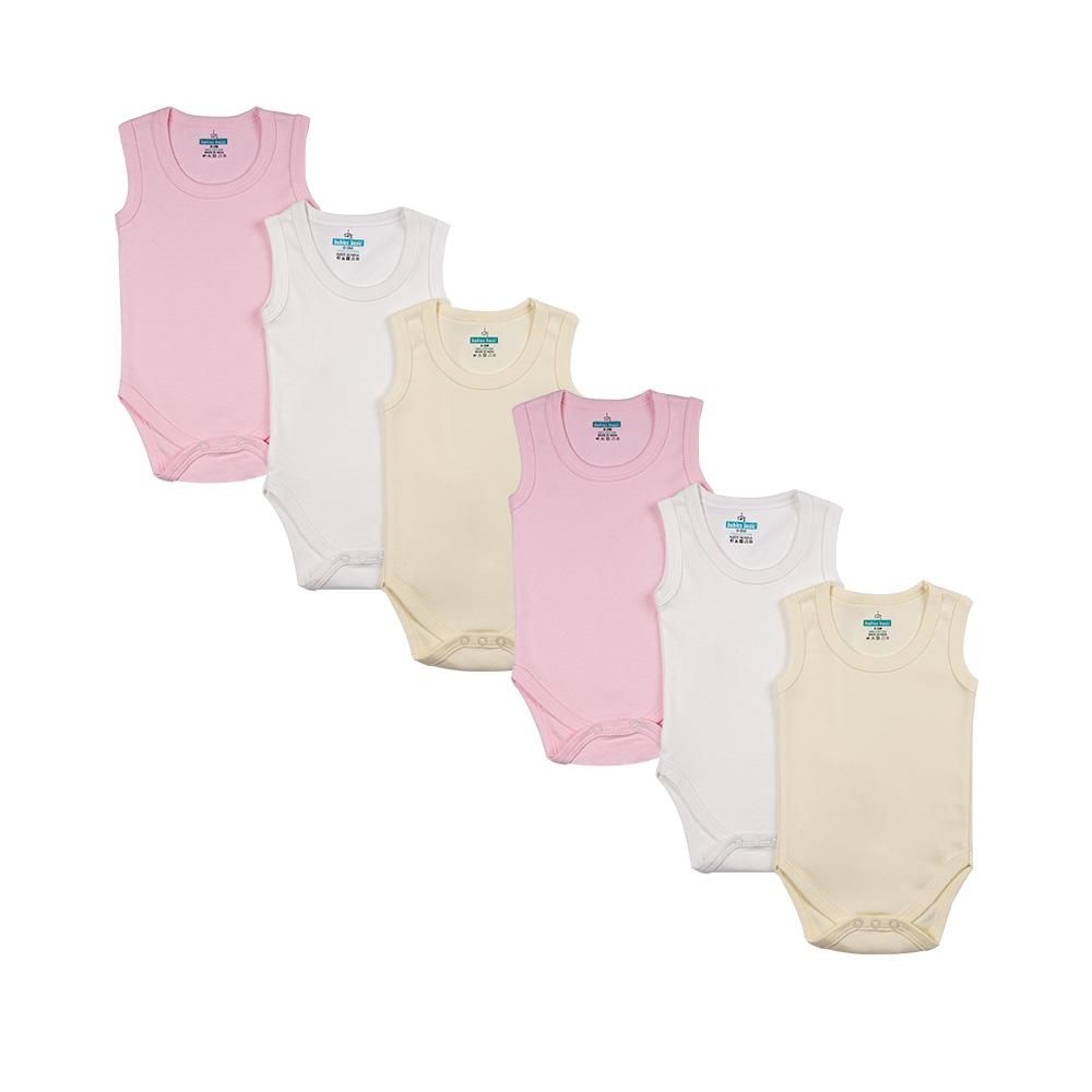 Babies Basic - 6pc-Set - 100% Cotton Girls Sleeveless Bodysuit_Pink/Lemon