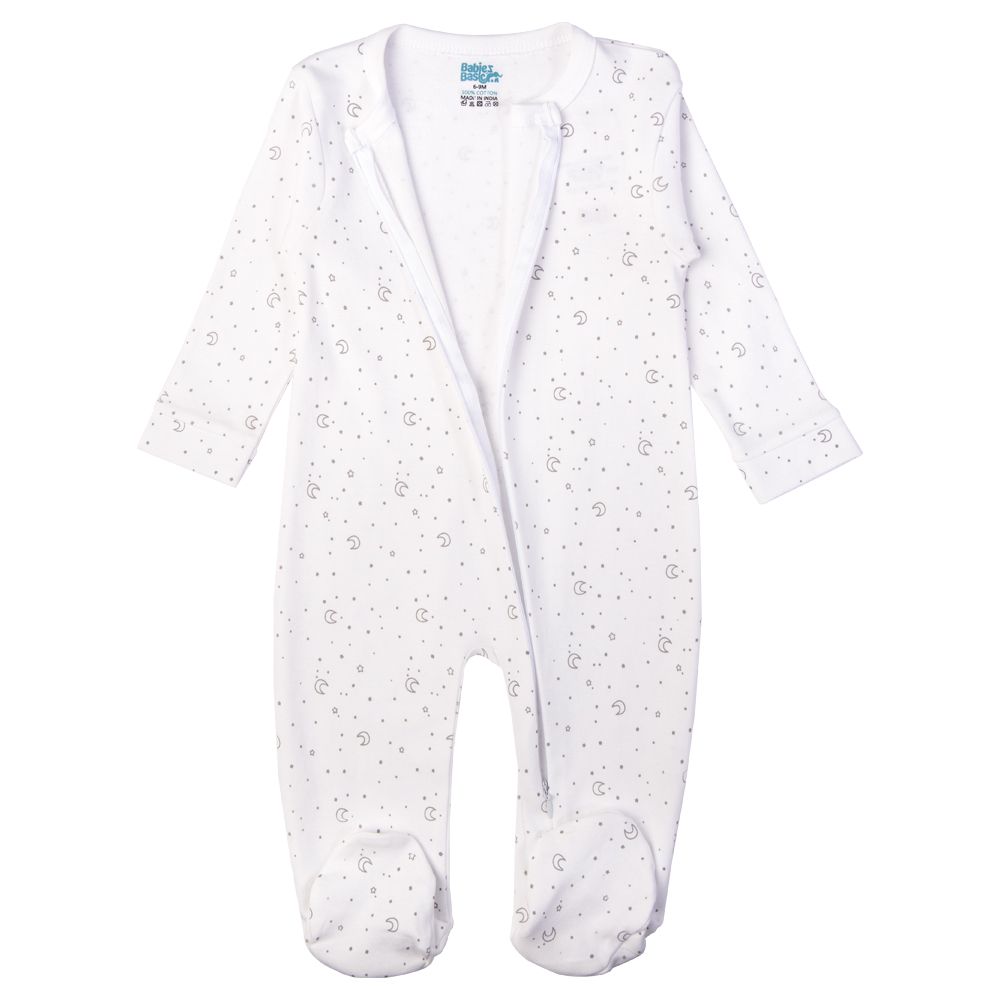 Babies Basic - Printed Long Sleeves Jumpsuit/Romper - White