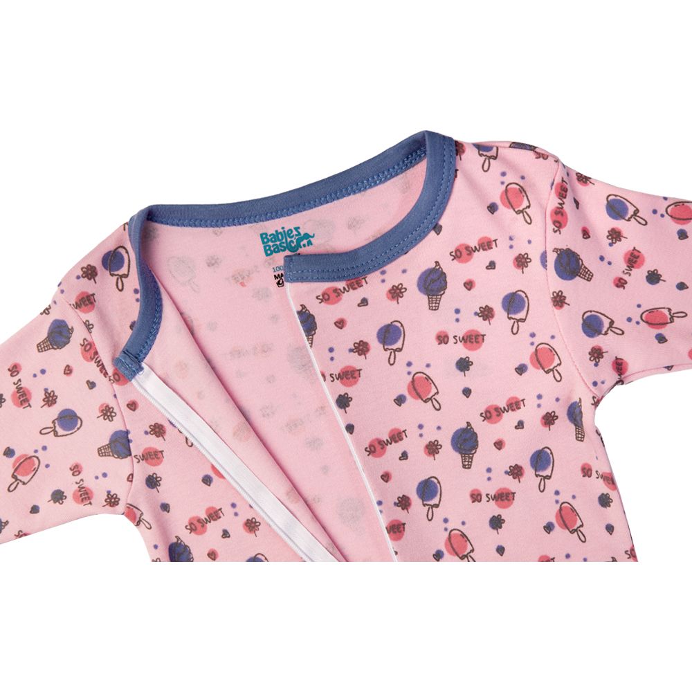 Babies Basic - Printed Long Sleeves Romper/Sleepsuit - Pink