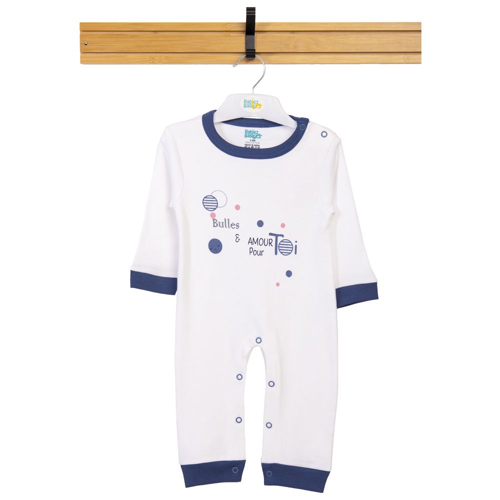 Babies Basic - Printed Long Sleeves Jumpsuit/Romper - White/Blue