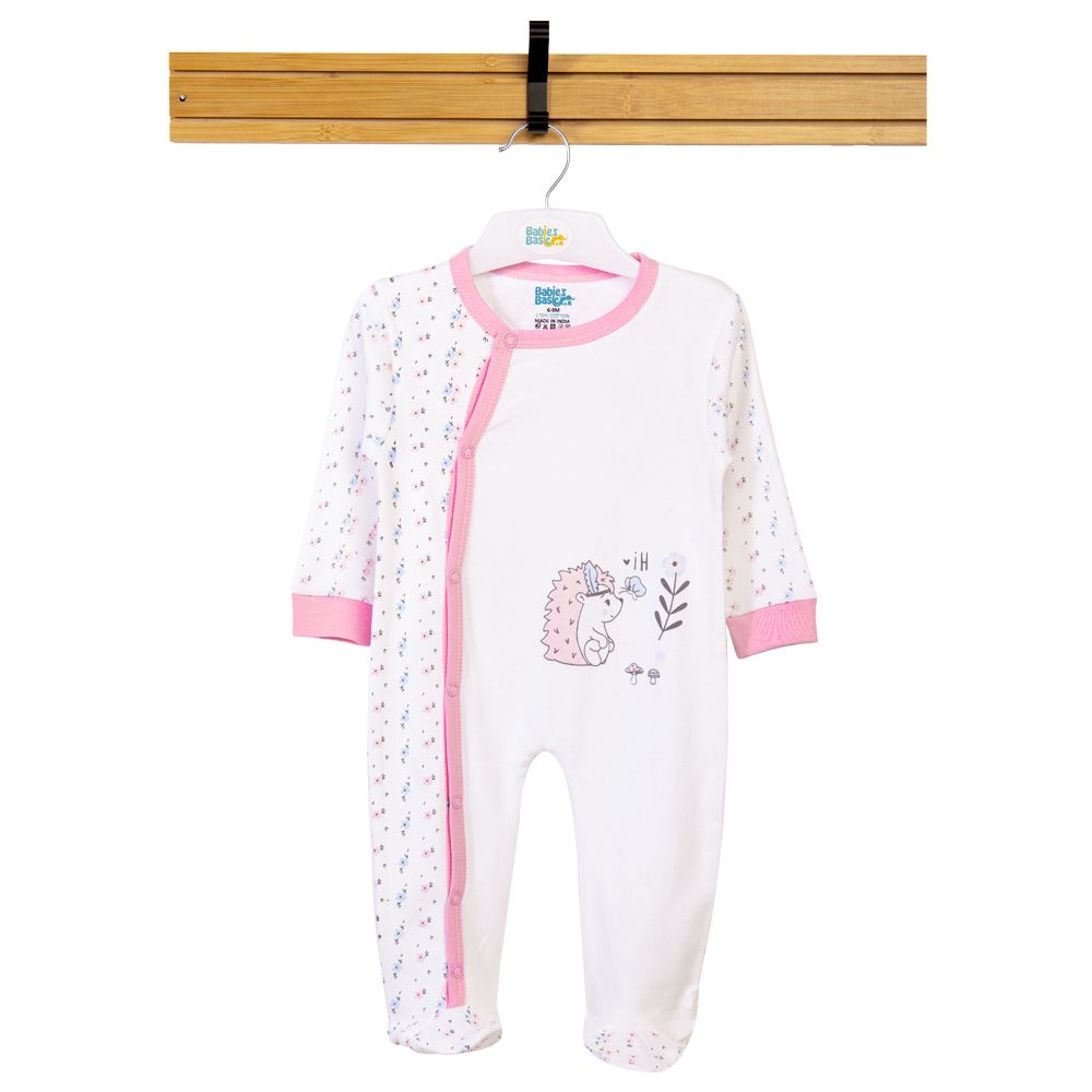 Babies Basic - Printed Long Sleeves Jumpsuit/Romper - White/Light Pink