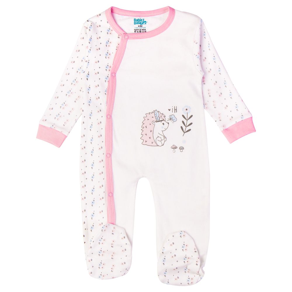 Babies Basic - Printed Long Sleeves Jumpsuit/Romper - White/Light Pink