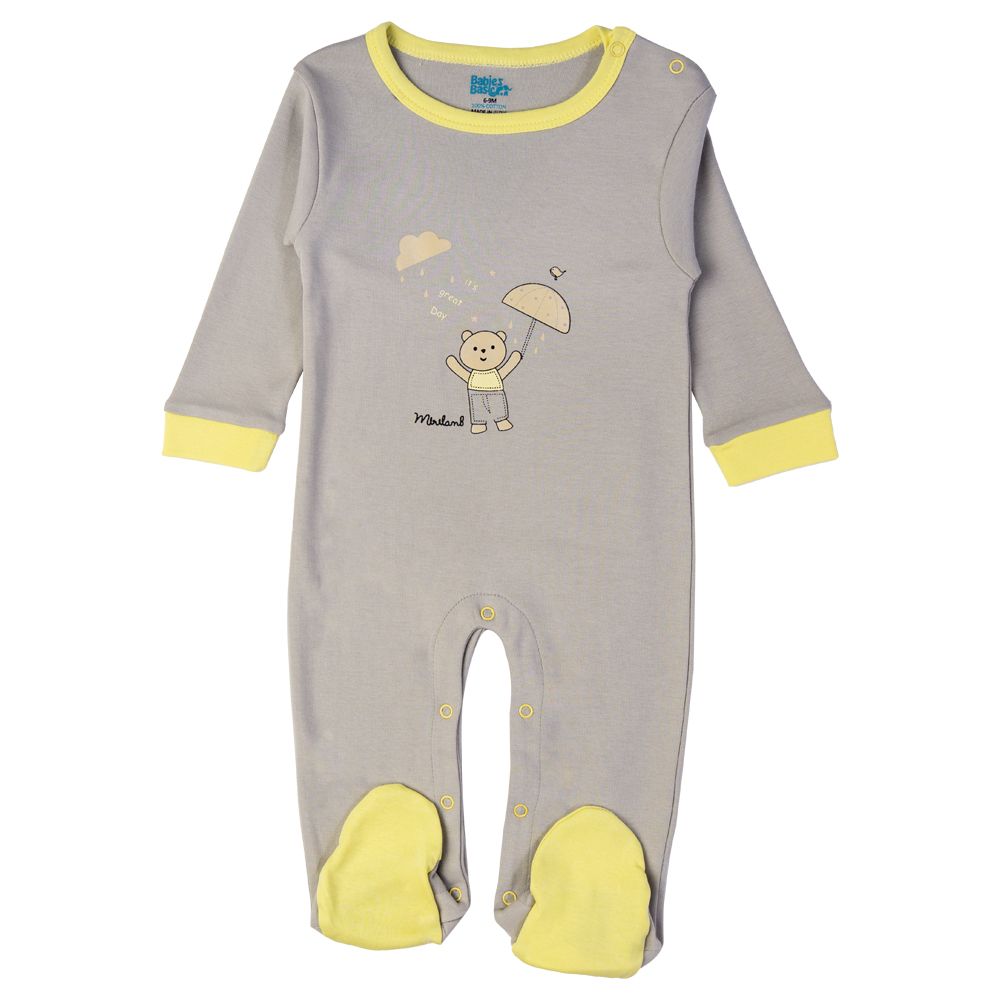 Babies Basic - Printed Long Sleeves Romper/Sleepsuit - Grey/Yellow