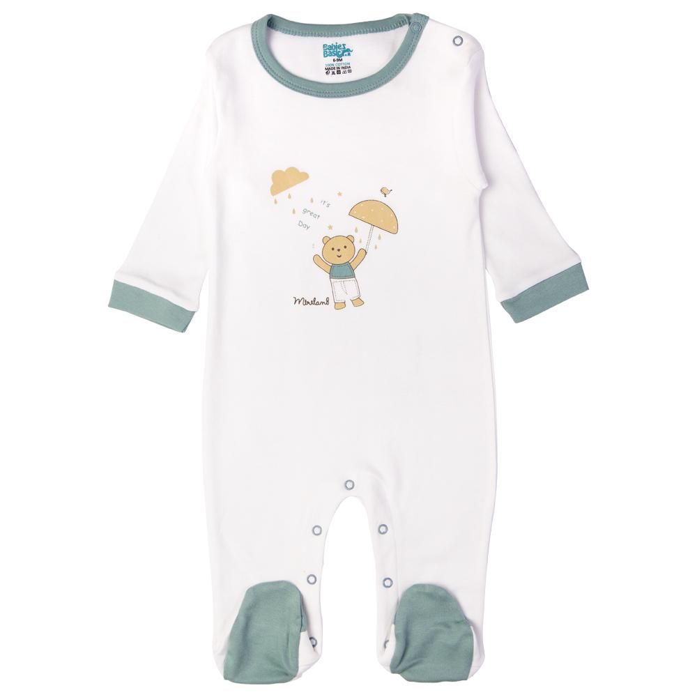 Babies Basic - Printed Long Sleeves Jumpsuit/Sleepsuit - White