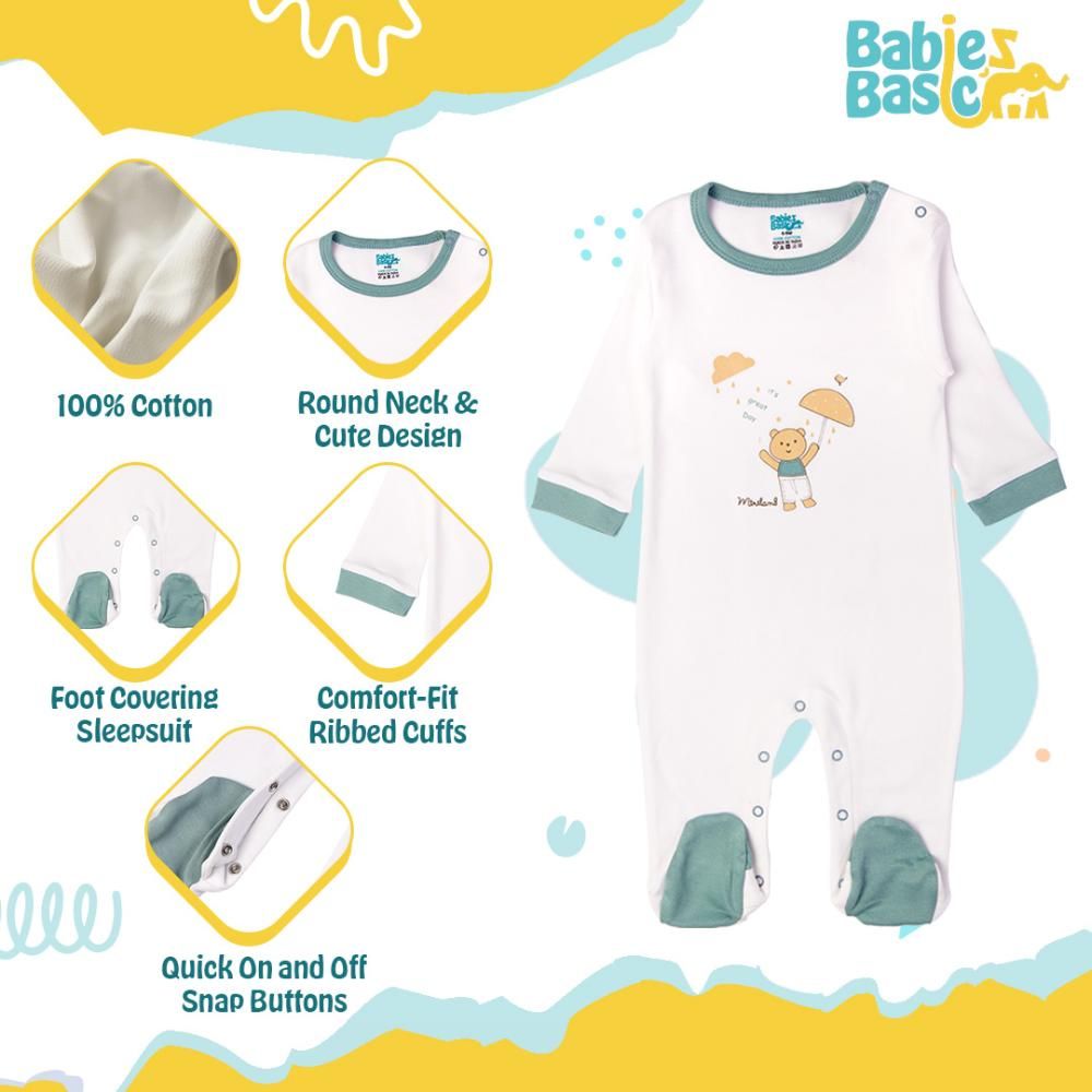 Babies Basic - Printed Long Sleeves Jumpsuit/Sleepsuit - White