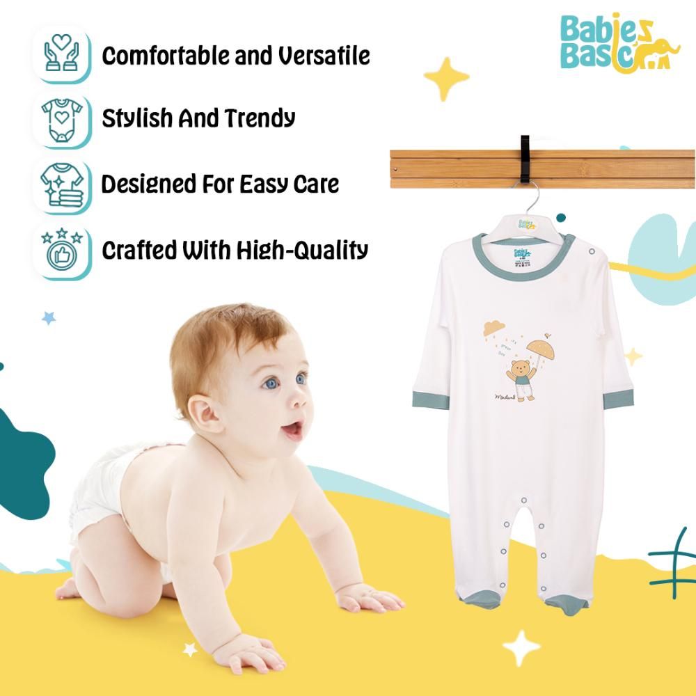 Babies Basic - Printed Long Sleeves Jumpsuit/Sleepsuit - White