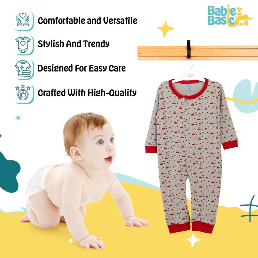 Babies Basic - Printed Long Sleeves Romper - Grey/Red