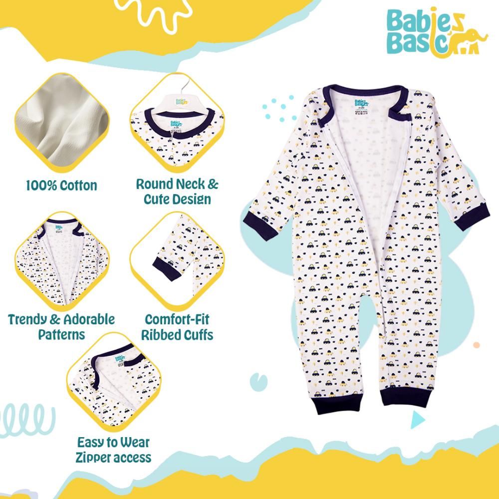 Babies Basic - Printed Long Sleeves Sleepsuit - White