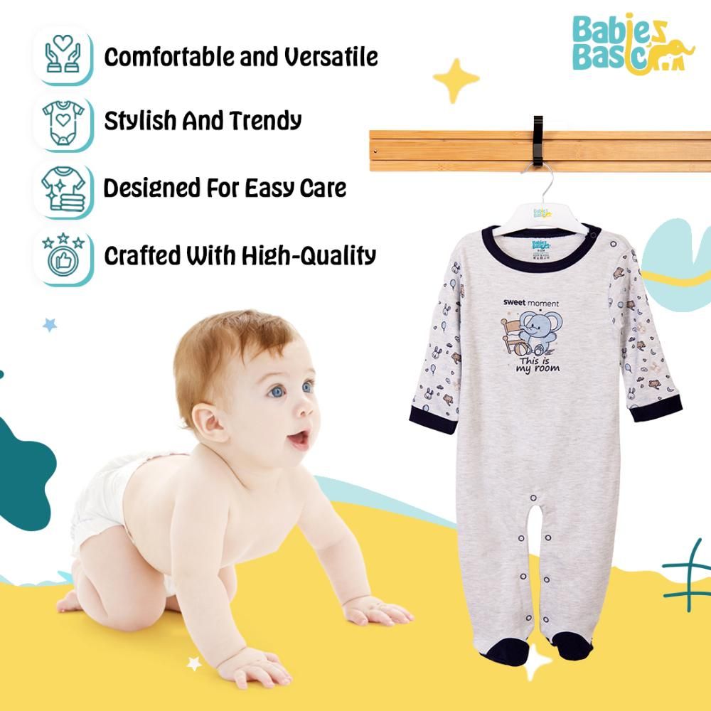 Babies Basic - Printed Long Sleeves Romper - Grey/Blue