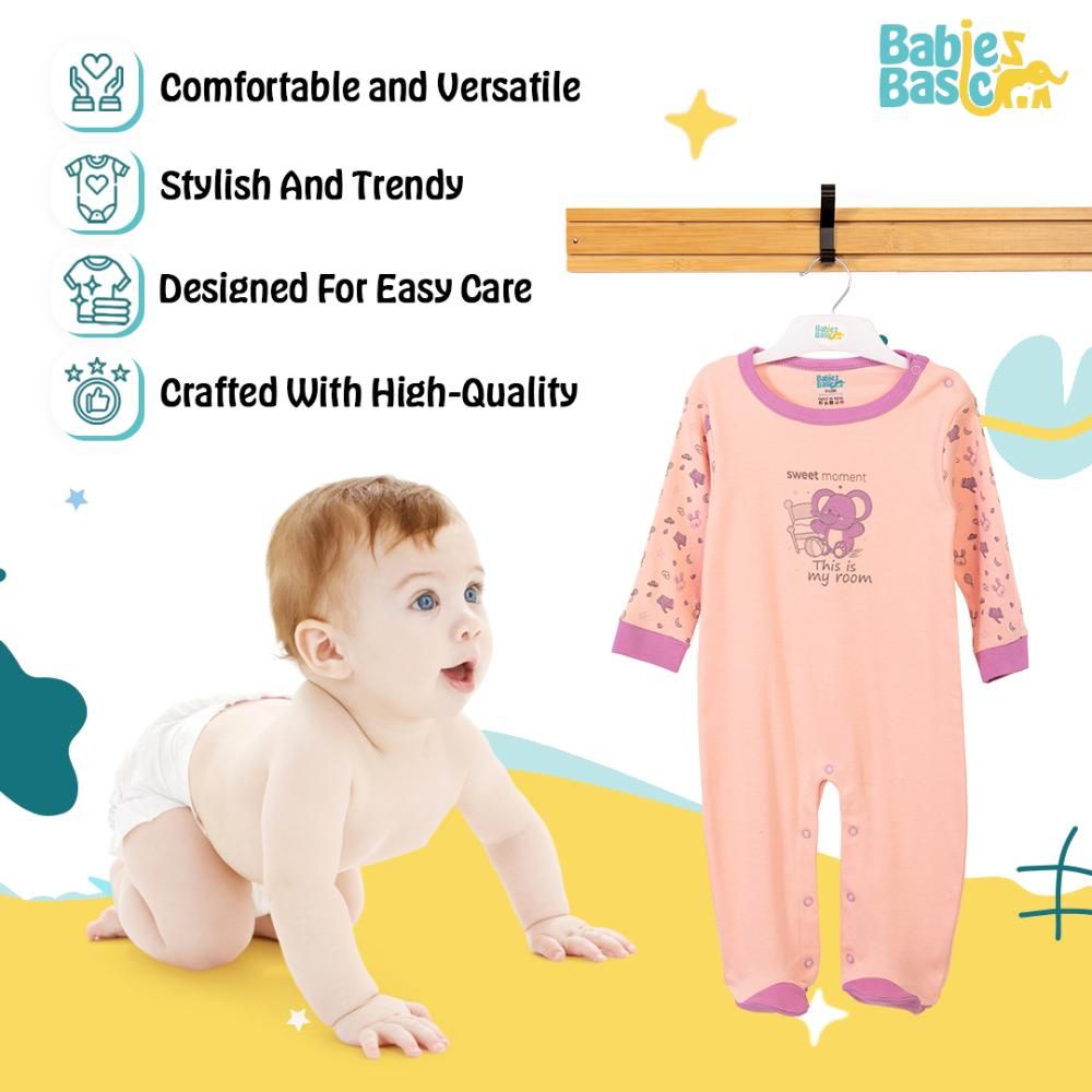 Babies Basic - Printed Long Sleeves Jumpsuit/Romper - Pink/Purple