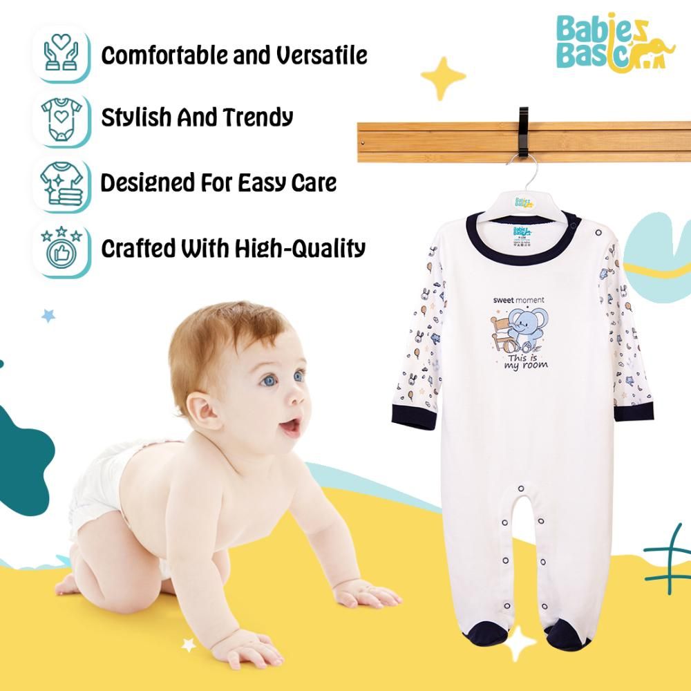 Babies Basic - Printed Long Sleeves Romper - White