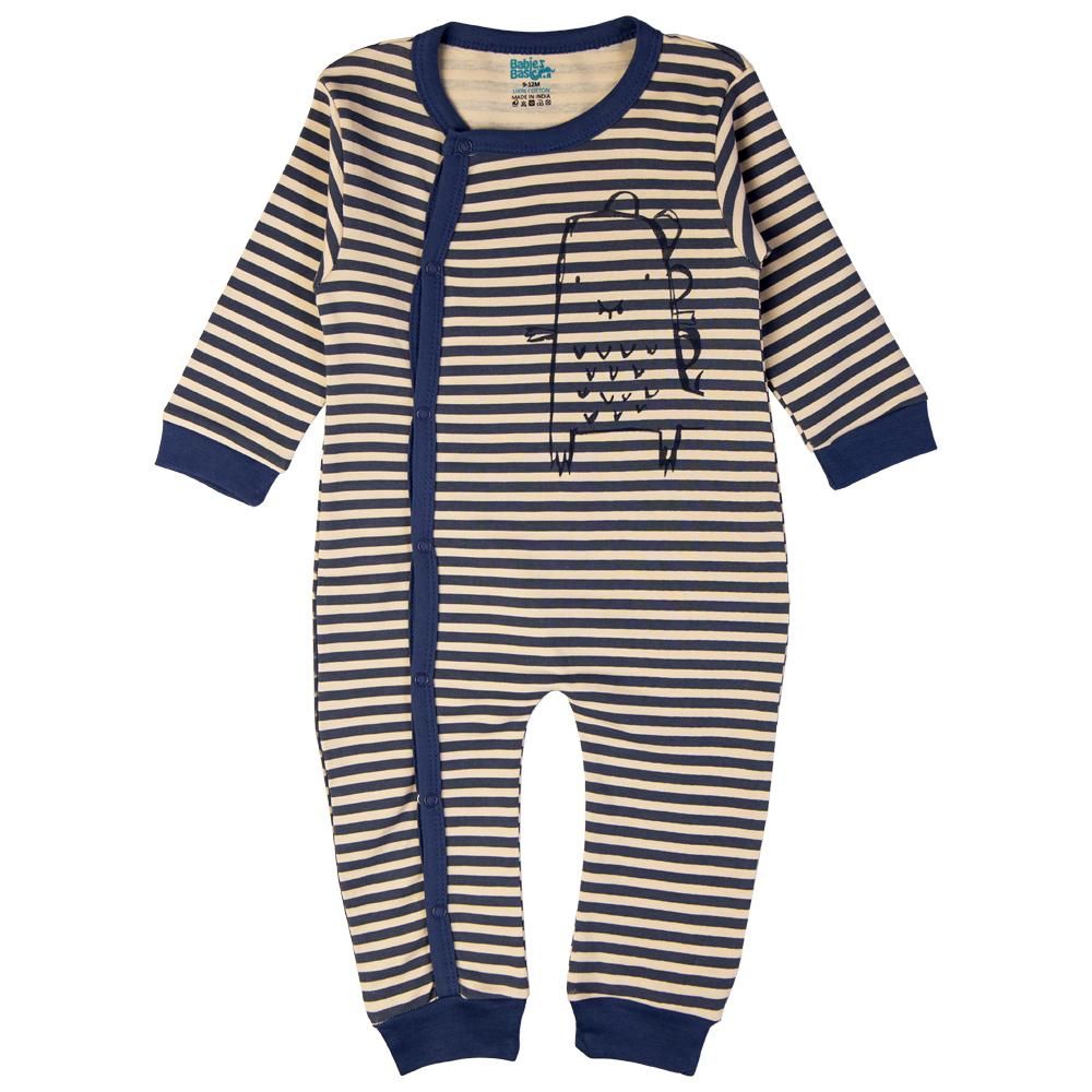 Babies Basic - Printed Long Sleeves Jumpsuit/Romper/Sleepsuit - Beige/Blue