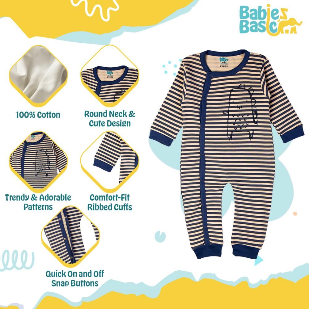 Babies Basic - Printed Long Sleeves Jumpsuit/Romper/Sleepsuit - Beige/Blue