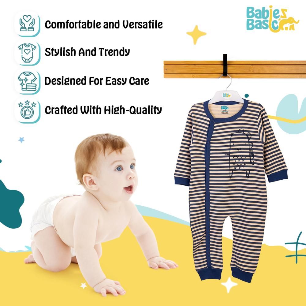 Babies Basic - Printed Long Sleeves Jumpsuit/Romper/Sleepsuit - Beige/Blue