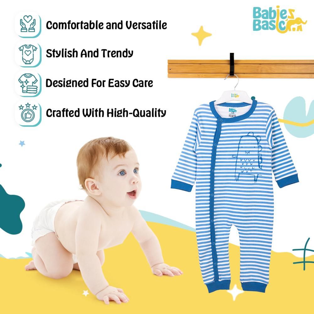 Babies Basic - Printed Long Sleeves Jumpsuit - Blue