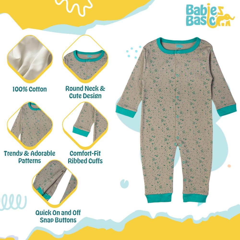 Babies Basic - Printed Long Sleeves Romper/Sleepsuit - Grey