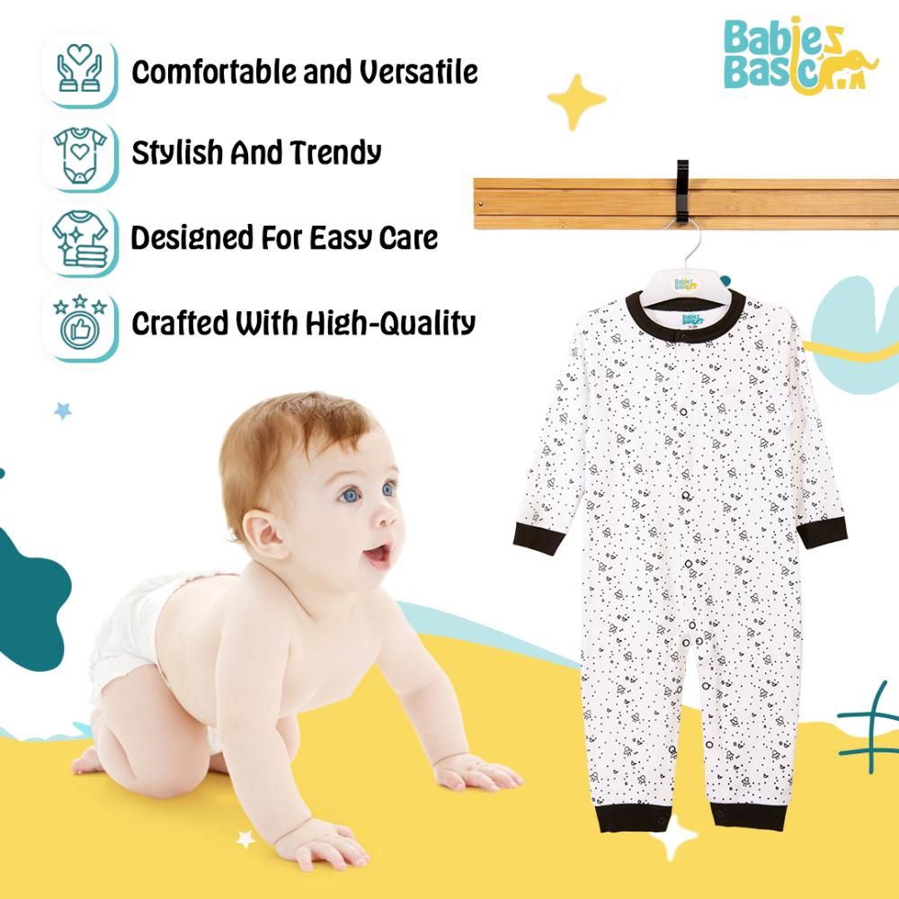 Babies Basic - Printed Long Sleeves Jumpsuit/Romper - White