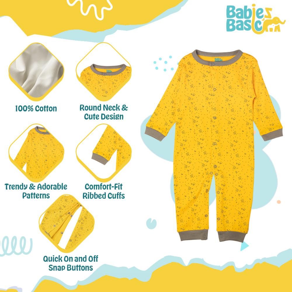 Babies Basic - Printed Long Sleeves Jumpsuit/Romper/Sleepsuit - Yellow