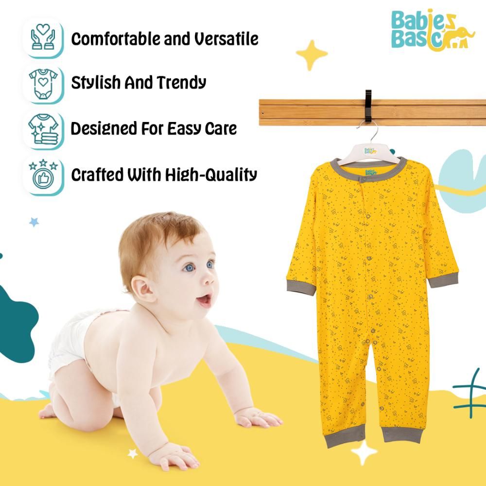 Babies Basic - Printed Long Sleeves Jumpsuit/Romper/Sleepsuit - Yellow