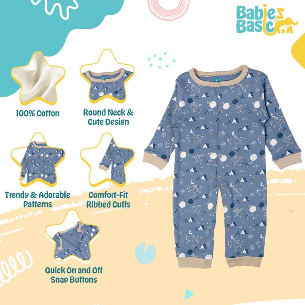 Babies Basic - Printed Long Sleeves Jumpsuit - Dark Sky Blue