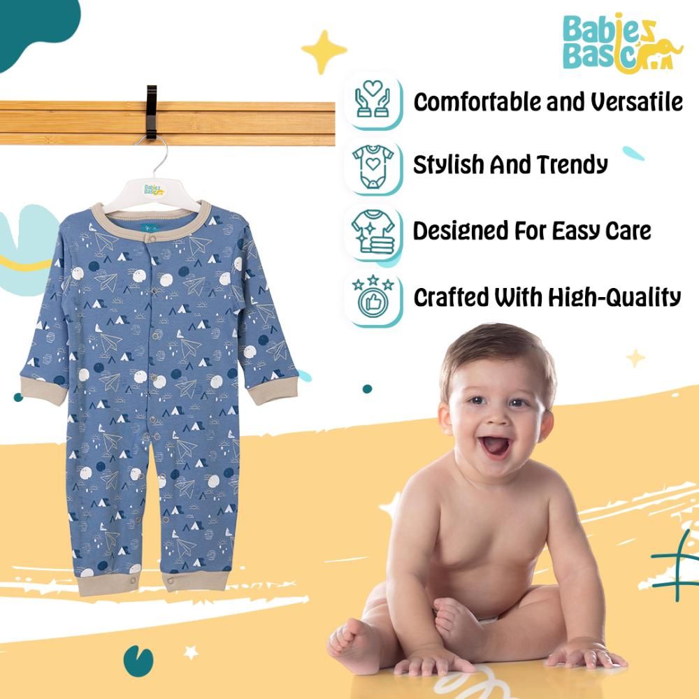 Babies Basic - Printed Long Sleeves Jumpsuit - Dark Sky Blue