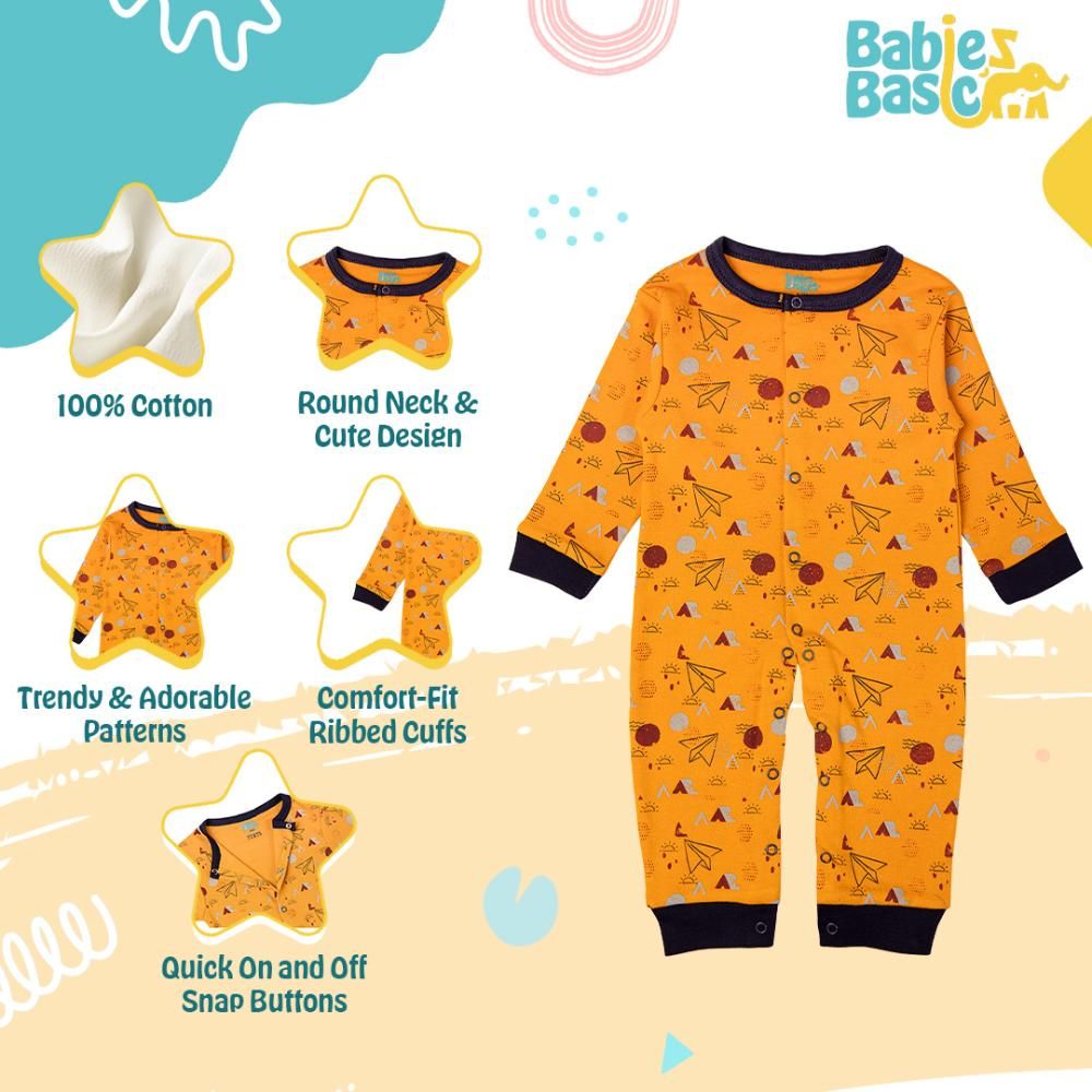 Babies Basic - Printed Long Sleeves Jumpsuit/Romper/Sleepsuit - Mustard