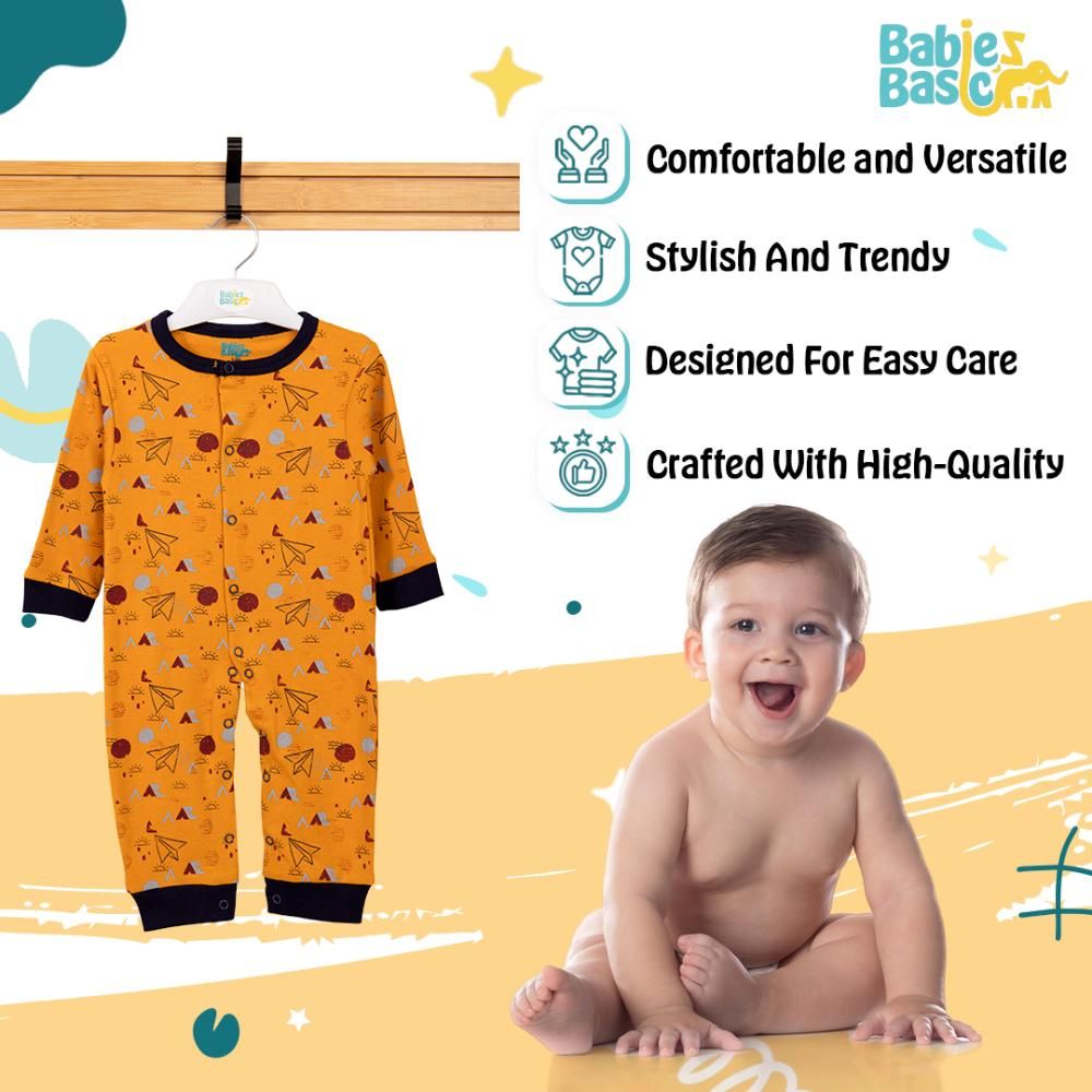 Babies Basic - Printed Long Sleeves Jumpsuit/Romper/Sleepsuit - Mustard