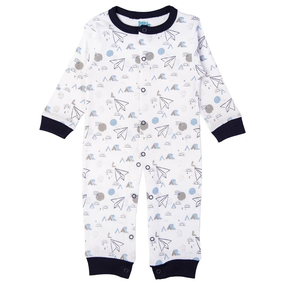 Babies Basic - Printed Long Sleeves Romper/Sleepsuit - White