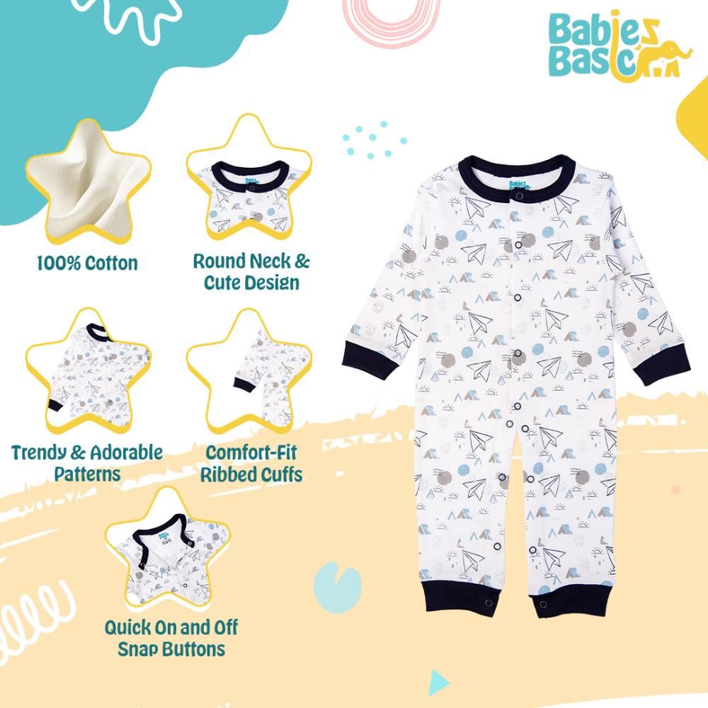 Babies Basic - Printed Long Sleeves Romper/Sleepsuit - White