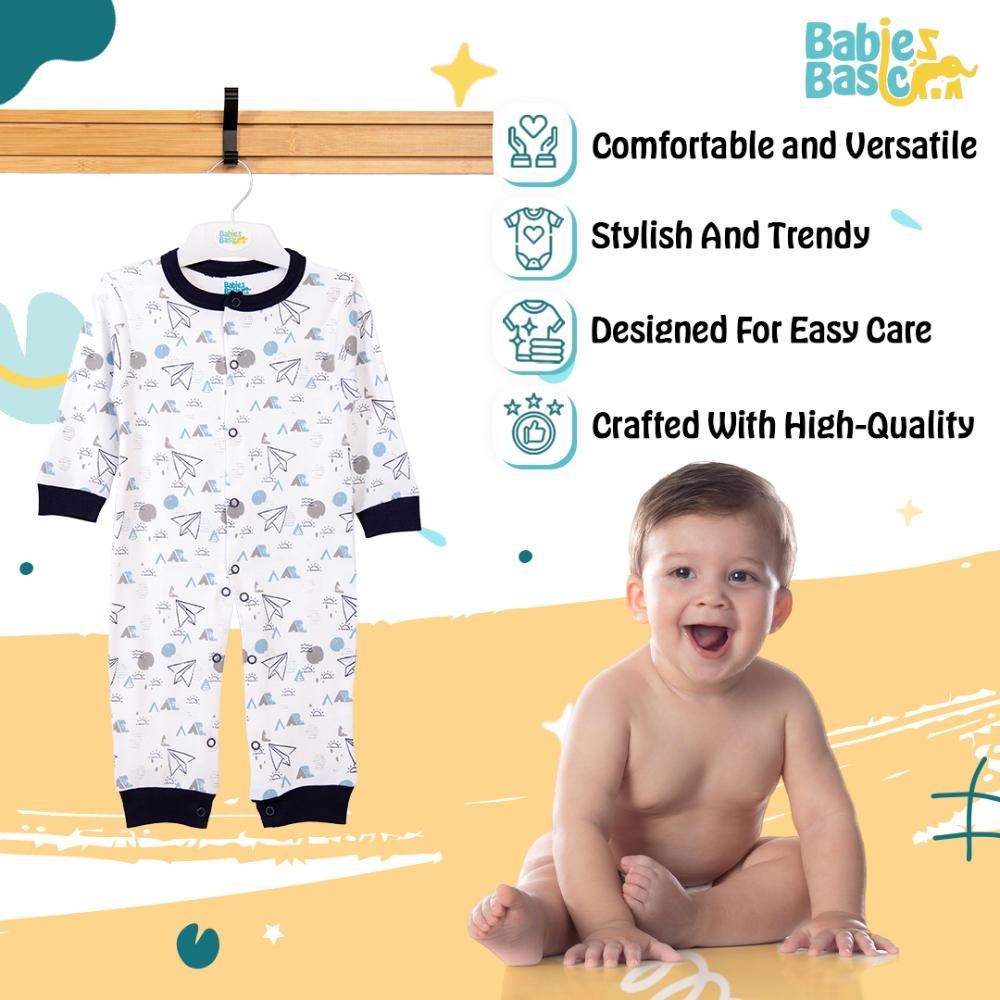 Babies Basic - Printed Long Sleeves Romper/Sleepsuit - White