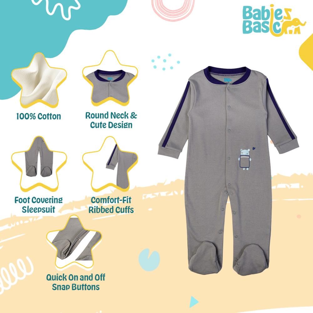 Babies Basic - Printed Long Sleeves Romper/Sleepsuit - Grey/Black