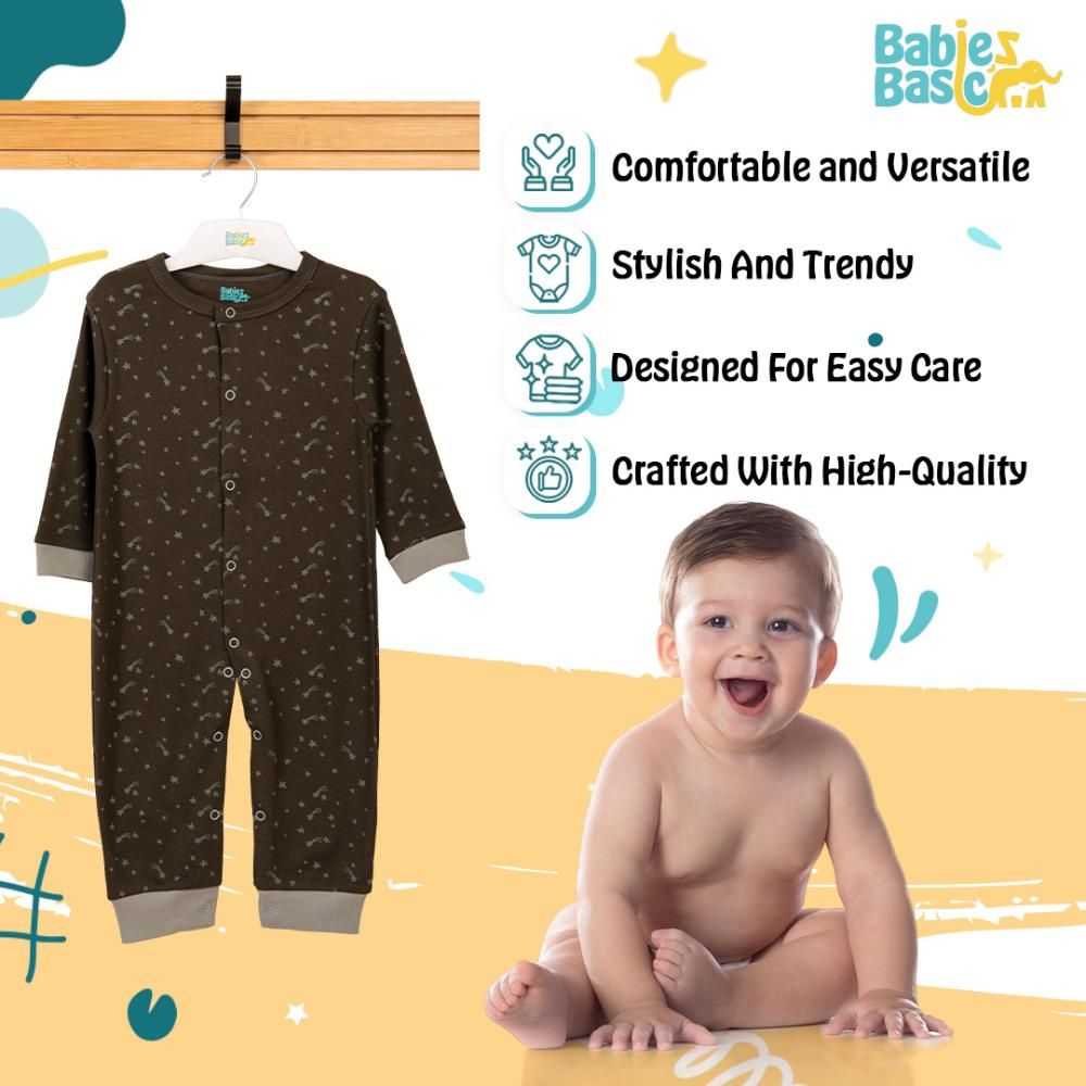 Babies Basic - Printed Long Sleeves Jumpsuit/Romper/Sleepsuit - Olive Green