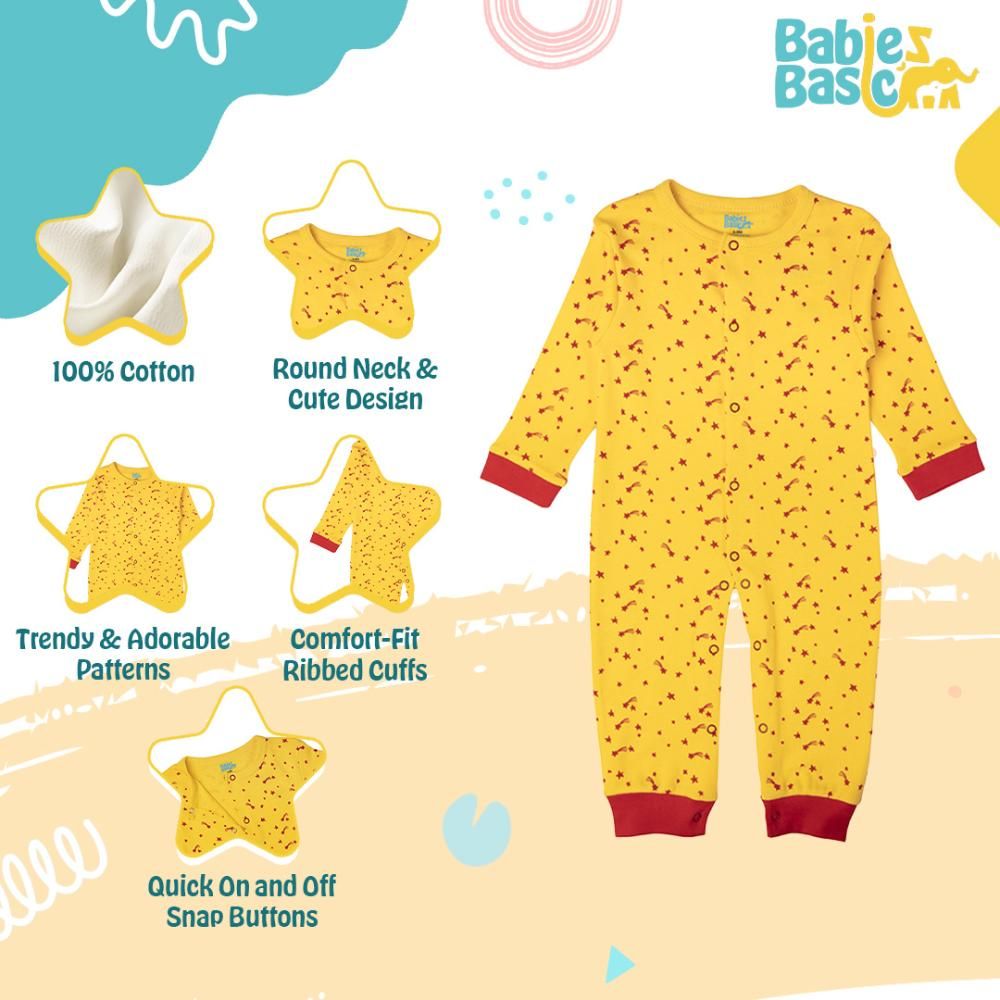 Babies Basic - Printed Long Sleeves Jumpsuit/Romper/Sleepsuit - Yellow/Red