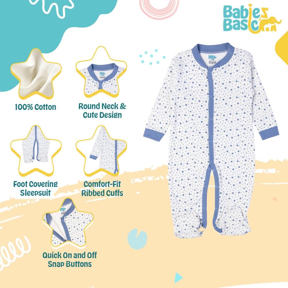 Babies Basic - Printed Long Sleeves Jumpsuit/Romper/Sleepsuit - Blue