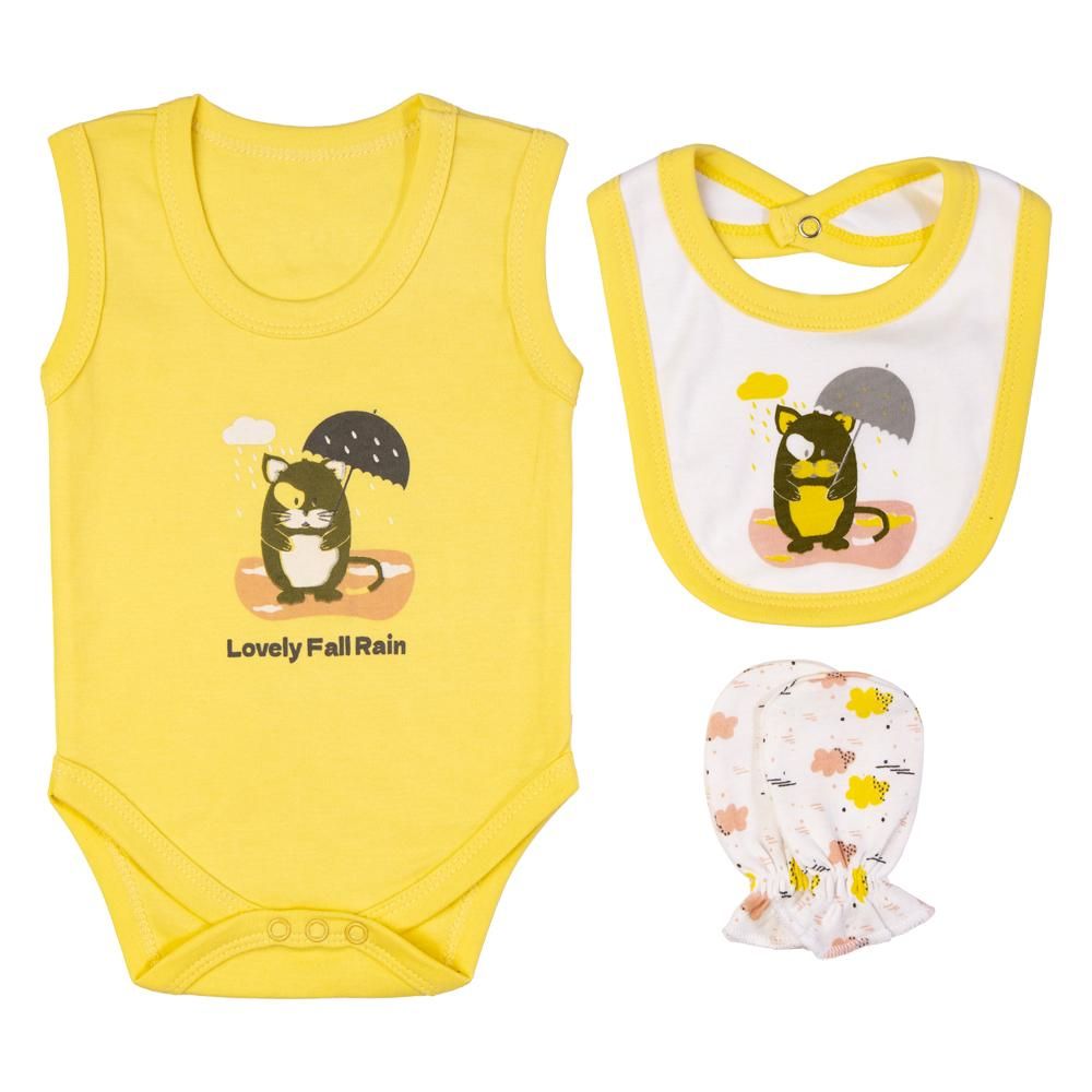 Babies Basic - 7pc Cotton Set - Bib, Romper, Mittens, Blanket, Cap, Top & Pyjama - White/Lemon