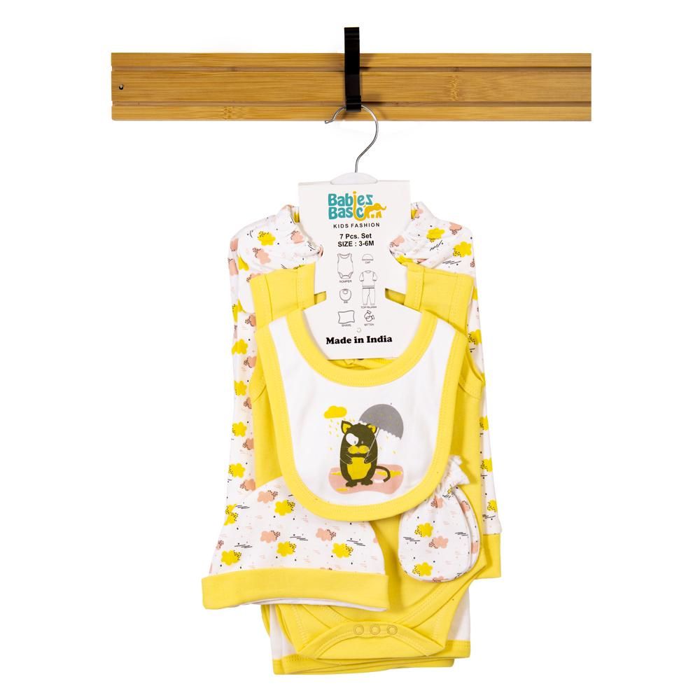 Babies Basic - 7pc Cotton Set - Bib, Romper, Mittens, Blanket, Cap, Top & Pyjama - White/Lemon