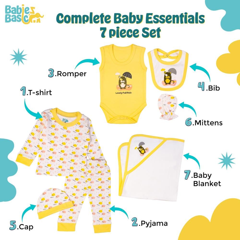 Babies Basic - 7pc Cotton Set - Bib, Romper, Mittens, Blanket, Cap, Top & Pyjama - White/Lemon