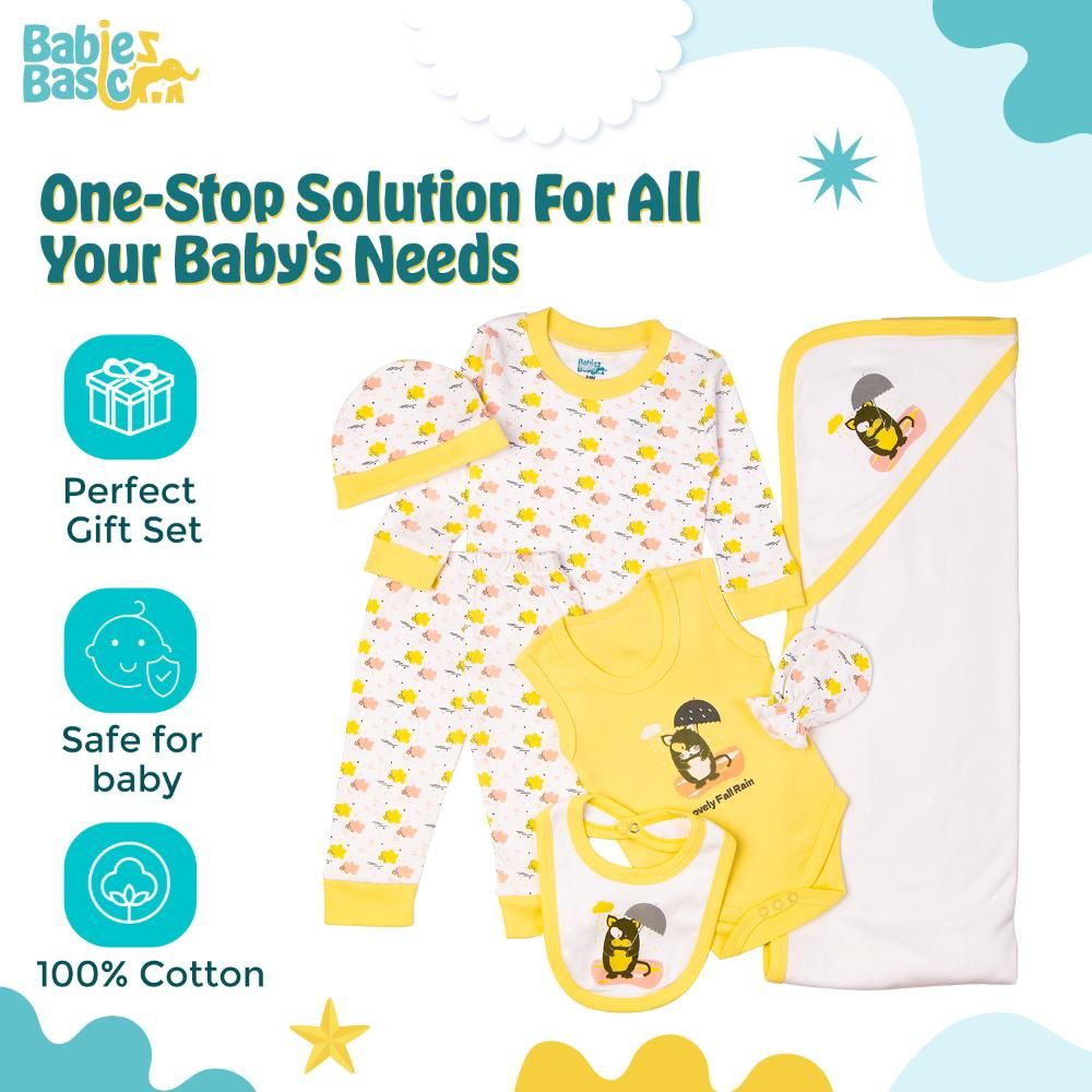 Babies Basic - 7pc Cotton Set - Bib, Romper, Mittens, Blanket, Cap, Top & Pyjama - White/Lemon