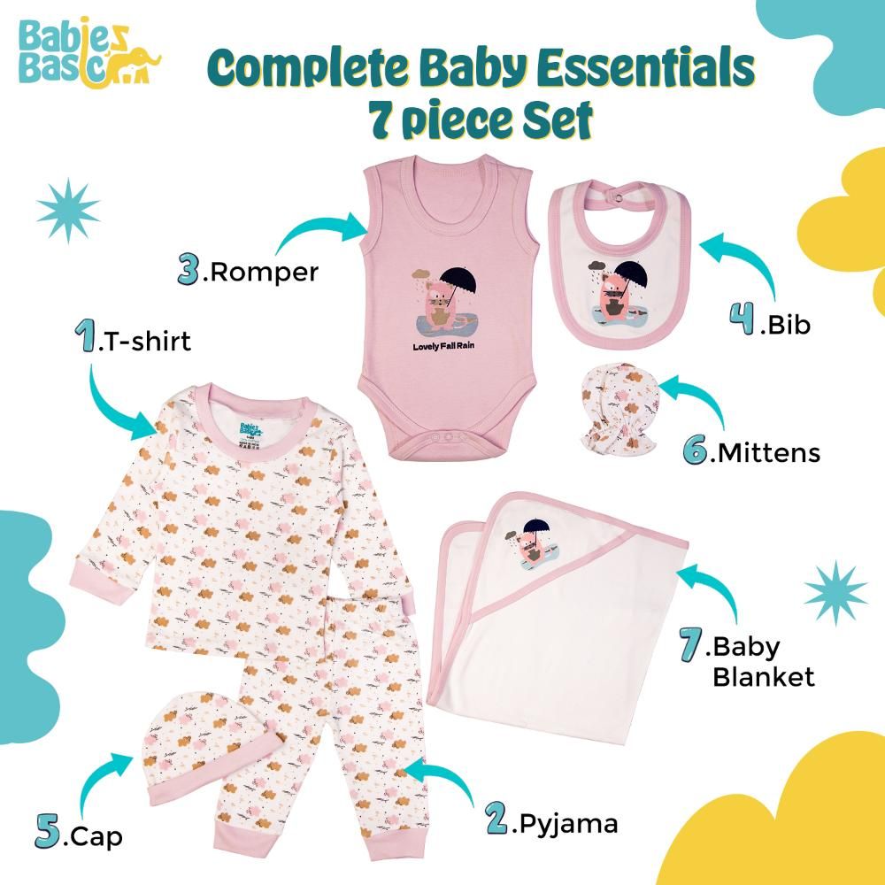 Babies Basic - 7pc Cotton Set - Bib, Romper, Mittens, Blanket, Cap, Top & Pyjama - White/Mouve