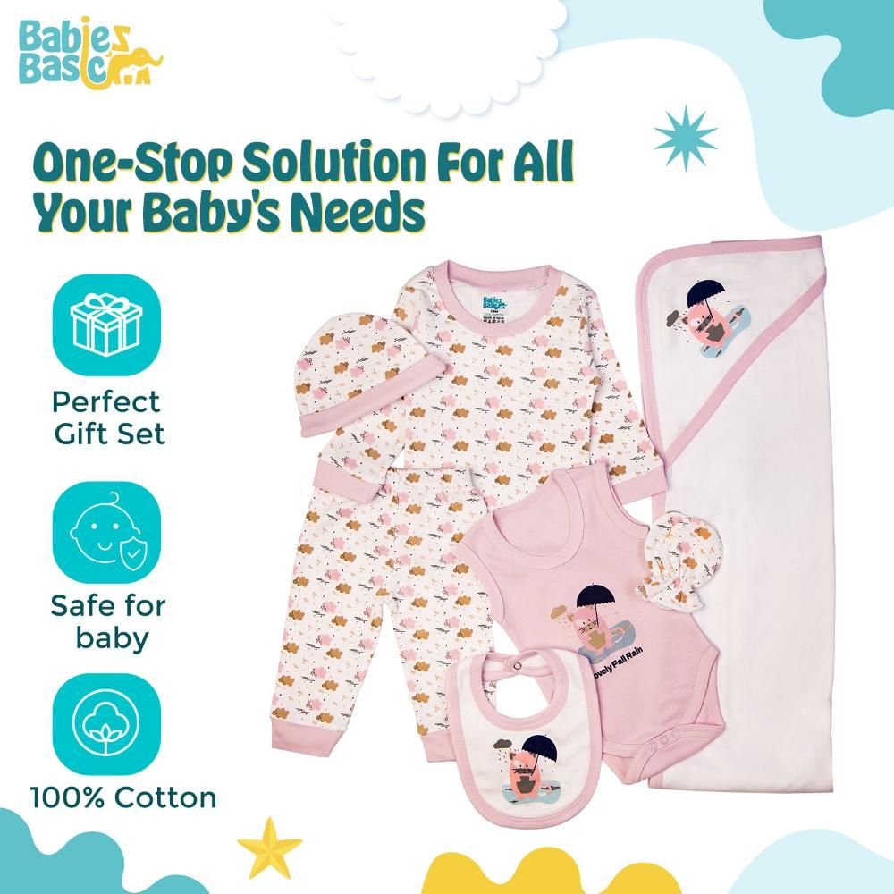 Babies Basic - 7pc Cotton Set - Bib, Romper, Mittens, Blanket, Cap, Top & Pyjama - White/Mouve