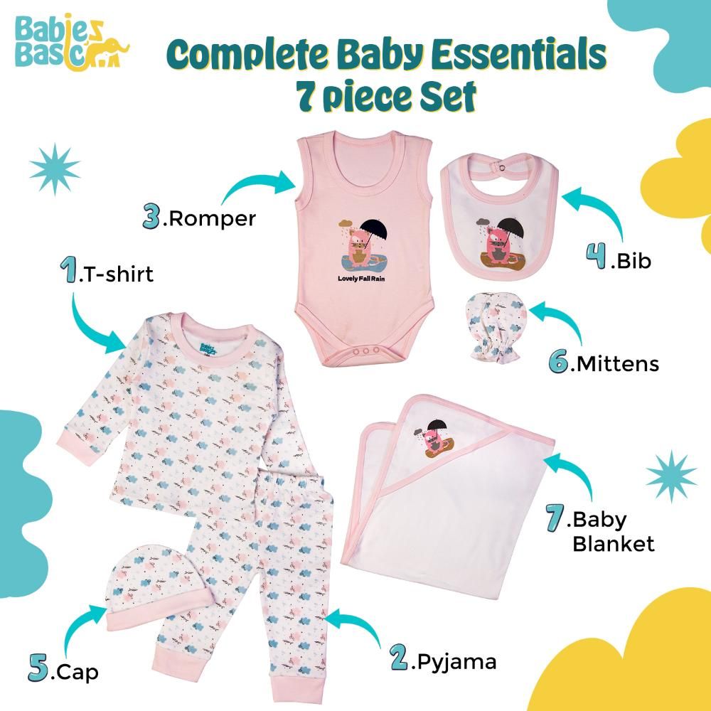 Babies Basic - 7pc Cotton Set - Bib, Romper, Mittens, Blanket, Cap, Top & Pyjama - White/Light Pink