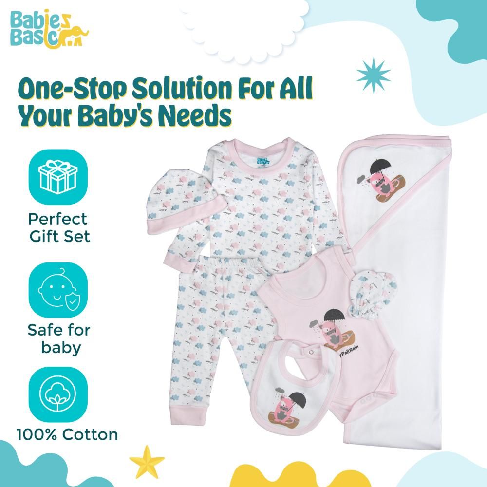 Babies Basic - 7pc Cotton Set - Bib, Romper, Mittens, Blanket, Cap, Top & Pyjama - White/Light Pink