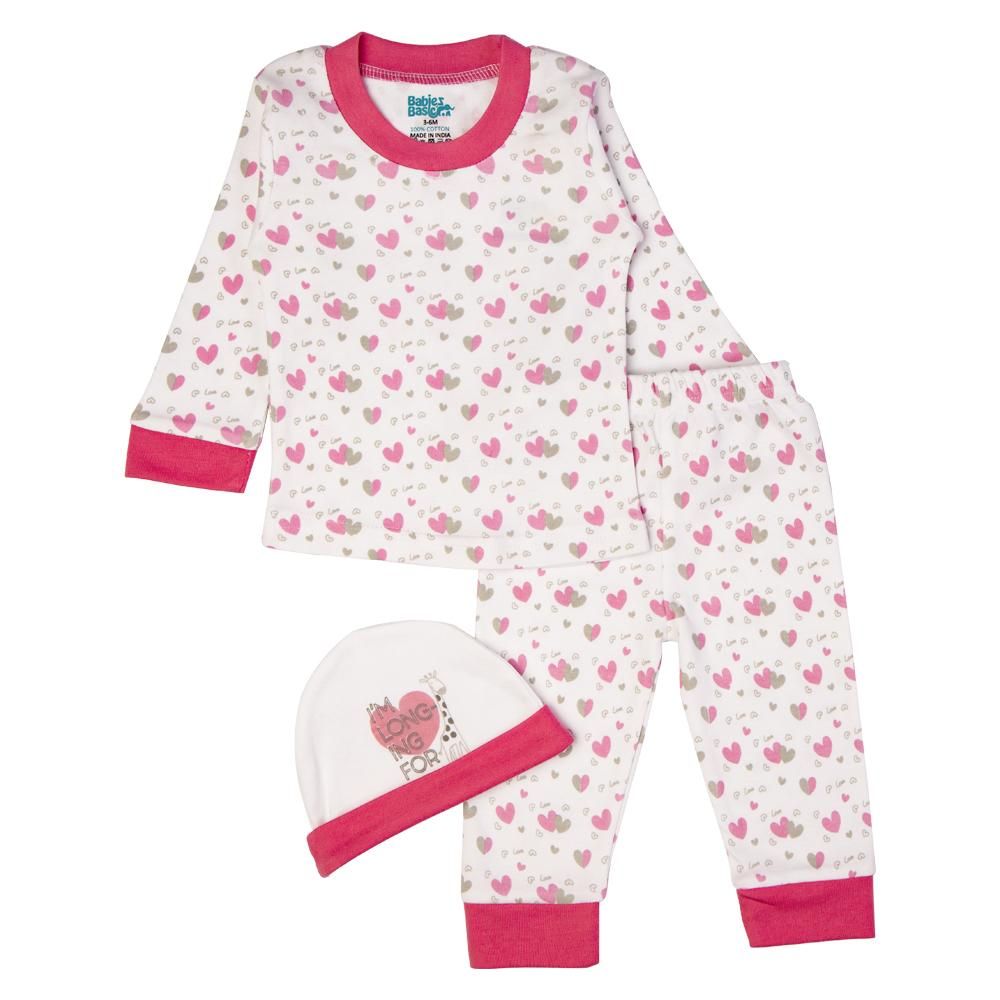 Babies Basic - 7pc Cotton Set - Bib, Romper, Mittens, Blanket, Cap, Top & Pyjama - Heart - Pink/White